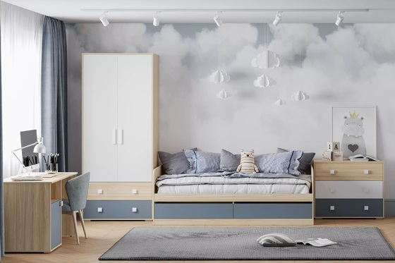 Детская комната Элиот композиция 7 белый фасадный, маренго, баунти песочный (собирается на любую сторону, спальное место 90 х 200)