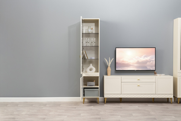 Шкаф-витрина Марион 16.397.01 слоновая кость С341 PE, слоновая кость 6898 ПВХ (собирается на любую сторону)