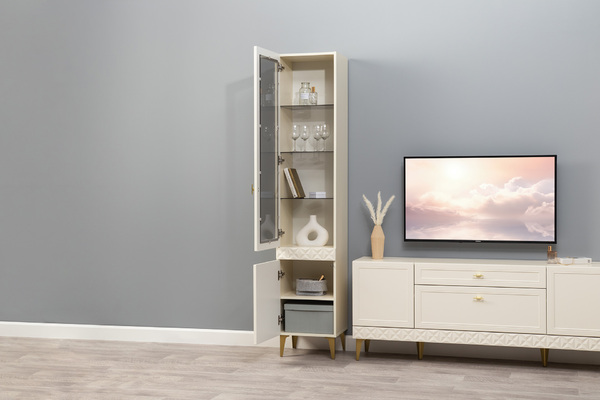 Шкаф-витрина Марион 16.397.01 слоновая кость С341 PE, слоновая кость 6898 ПВХ (собирается на любую сторону)