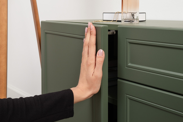 Гостиная Марион композиция 1 дымчатый зеленый K521, олива шагрень AG 1050 ПВХ, белый PE шагрень (собирается на любую сторону)