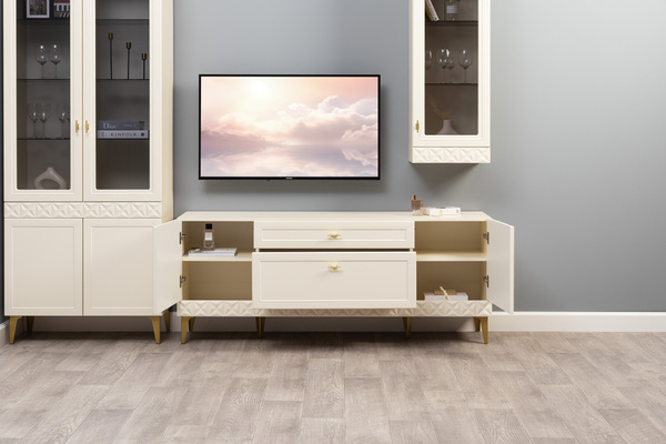 Гостиная Марион композиция 2 слоновая кость С341 PE, слоновая кость 6898 ПВХ, белый PE шагрень (собирается на любую сторону)